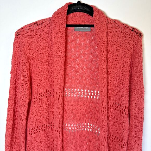 Wooden Ships Open Knit Cardigan Sweater M/L Salmon Red Boho Lightweight Layering - Picture 2 of 11